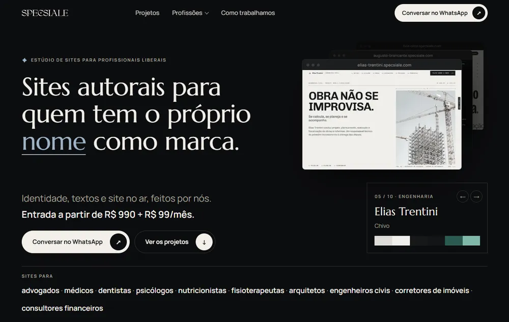 Página inicial do site Specsiale, com o título "Sites autorais para quem tem o próprio nome como marca" e um exemplo de site conceitual.