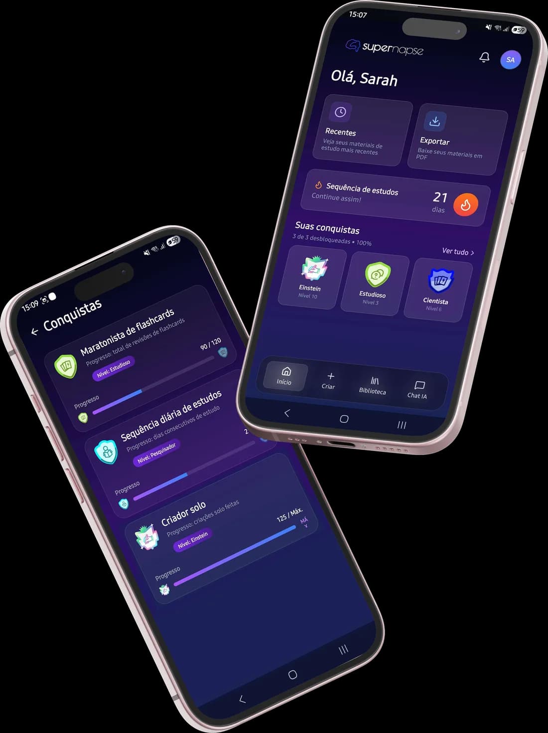 Telas do aplicativo Supernapse em dois smartphones, mostrando a página inicial e a lista de conquistas do estudante.